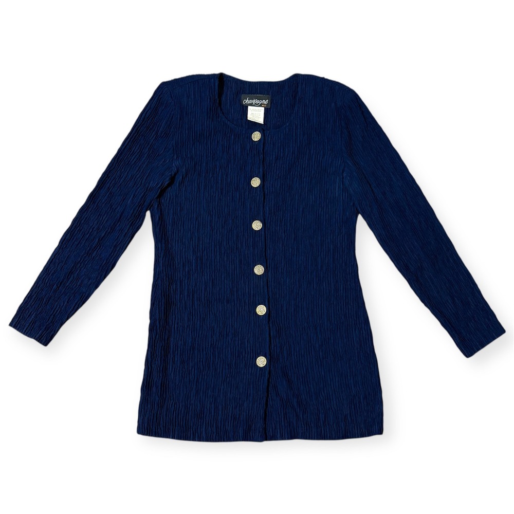 Vintage Champagne West Womens Sz-8 Navy‎ Plissé Textured Gold Button Front  Top